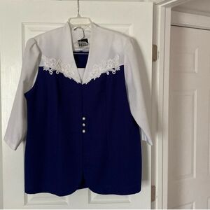 Elegant White and Blue Blazer with Lace Detail